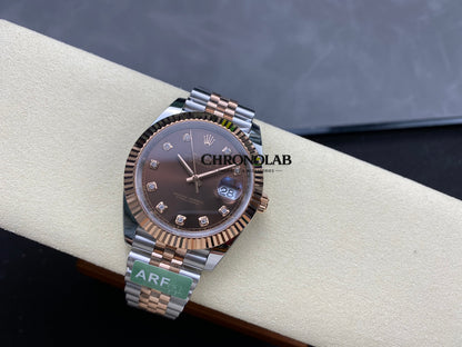 Rolex Datejust 41 Chocolate Diamond dial on-wrist, highlighting the elegant 41mm case proportions and rose gold accents.