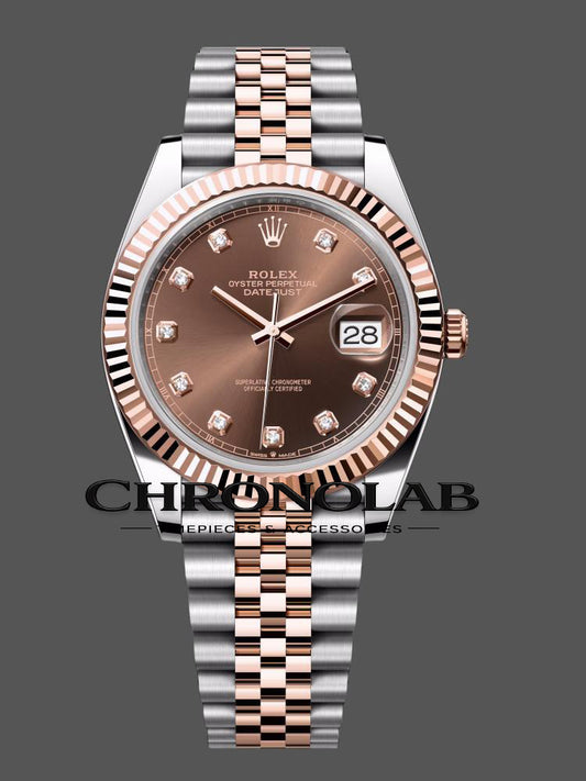 Rolex Datejust 41 126331-0004 two-tone Everose gold and steel luxury watch with chocolate brown diamond-set dial.