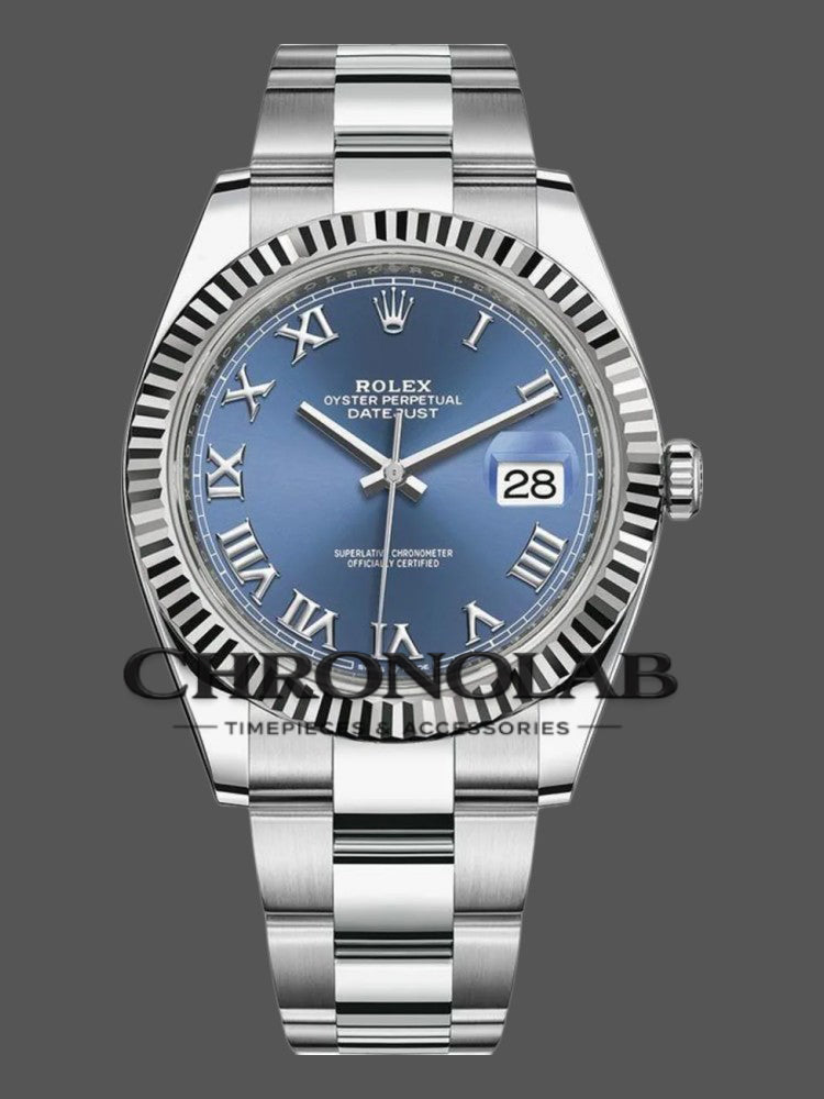 Rolex Datejust 126334 Fluted Bezel Blue Roman Numeral Dial 41MM Mens Replica Watch