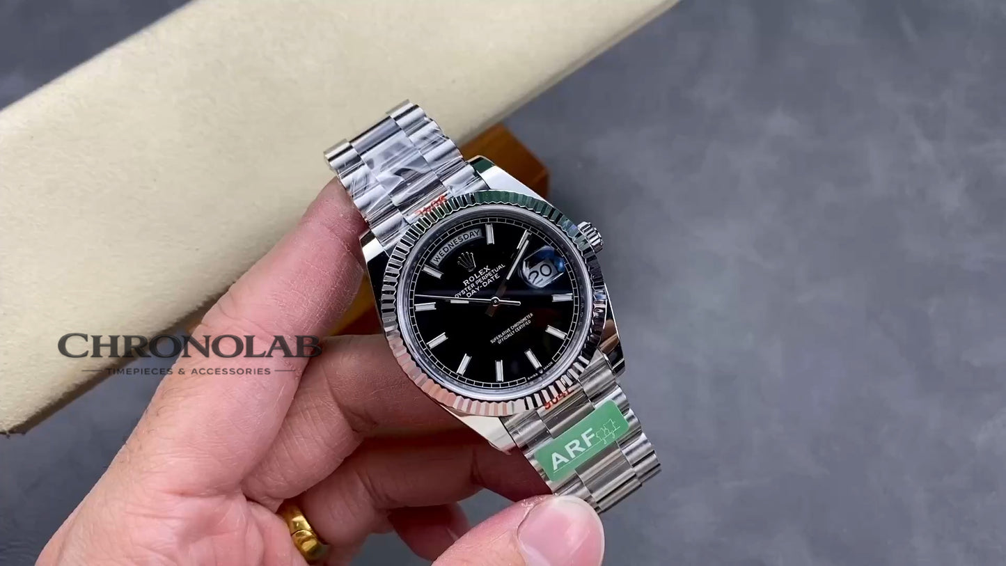 Unisex Rolex Day-Date 118239 36mm black dial ασημί στεφάνη fluted
