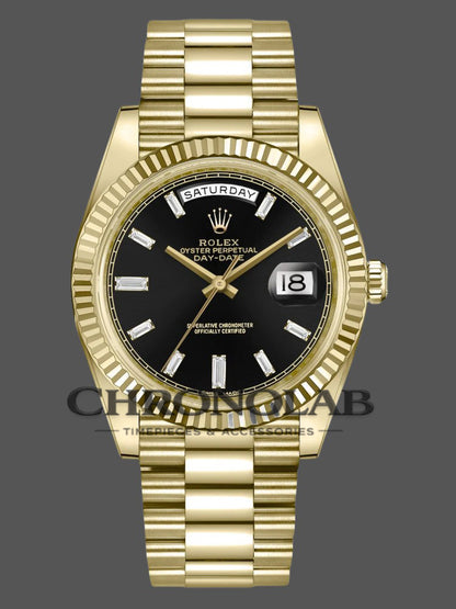 Rolex-Style Day-Date 228238 Black Diamond Dial Fluted Bezel Yellow Gold 40MM Men’s Luxury Watch