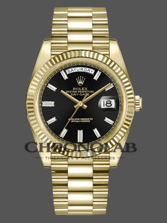 Rolex-Style Day-Date 228238 Black Diamond Dial Fluted Bezel Yellow Gold 40MM Men’s Luxury Watch