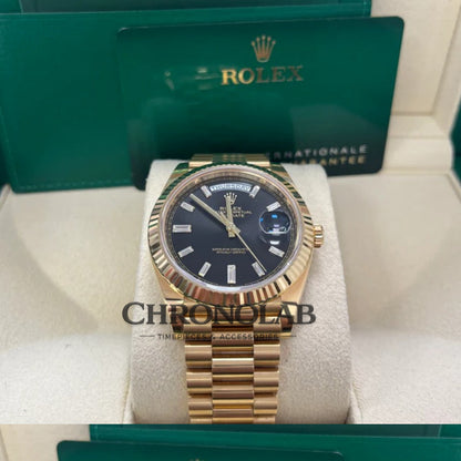 Rolex-Style Day-Date 228238 Black Diamond Dial Fluted Bezel Yellow Gold 40MM Men’s Luxury Watch