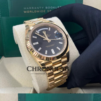 Rolex-Style Day-Date 228238 Black Diamond Dial Fluted Bezel Yellow Gold 40MM Men’s Luxury Watch