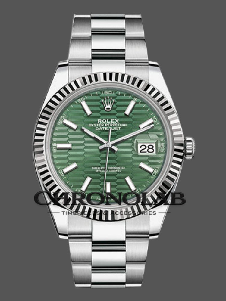 Rolex Datejust 126334 Fluted Bezel Green Motif Dial 41MM Mens Replica Watch