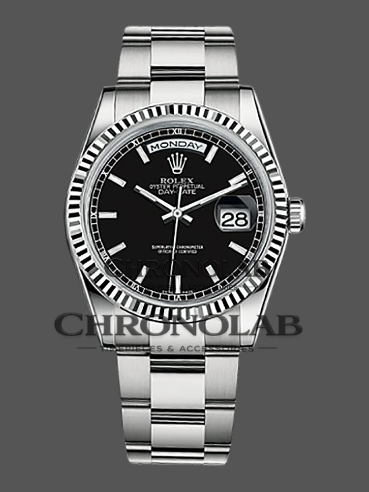 Rolex Day-Date 36mm unisex ρολόι με μαύρο καντράν και fluted bezel