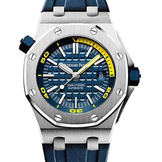 Audemars Piguet Royal Oak Offshore Diver 15710ST πλευρική όψη κάσας 42mm από ατσάλι με μπλε ελαστικές βιδωτές κορώνες και στεγανότητα 300 μέτρων.