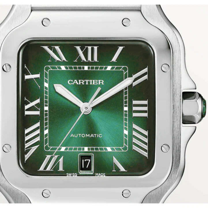 Ανδρικό ρολόι Cartier Santos Green Dial WSSA0062 φορεμένο στον καρπό - Luxury Style.