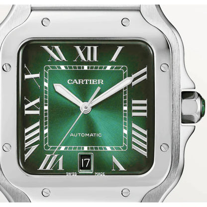 Ανδρικό ρολόι Cartier Santos Green Dial WSSA0062 φορεμένο στον καρπό - Luxury Style.