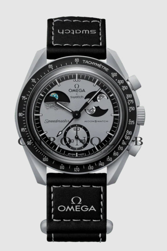 Ρολόι Swatch x Omega MoonSwatch Mission to Earthphase SO33M700 γκρι μαύρο χρώμα έκδοση AA+ με λουράκι βέλκρο