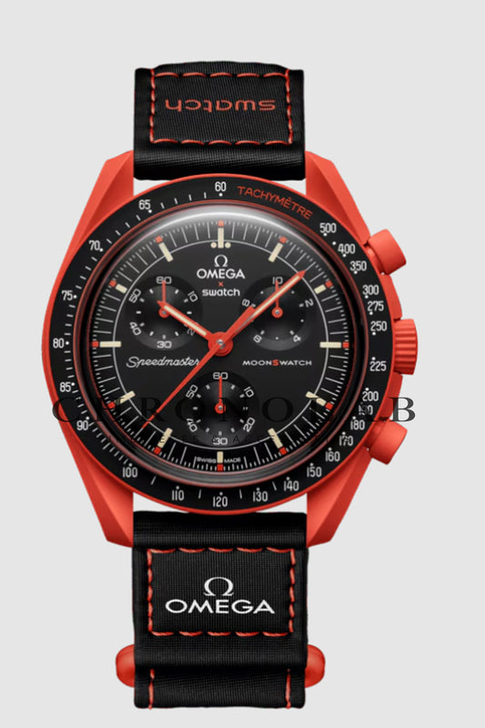Ρολόι Swatch x Omega MoonSwatch Mission on Earth Lava SO33O100 μαύρο πορτοκαλί χρώμα με μαύρο λουράκι έκδοση AA+