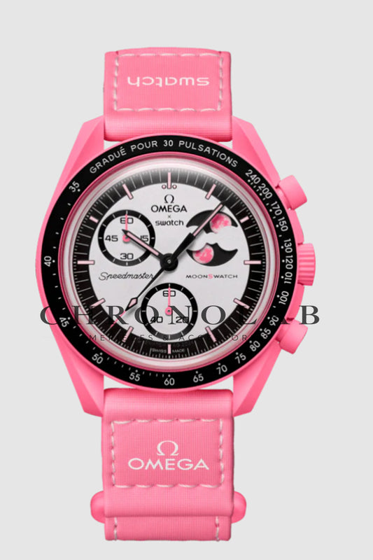 Ρολόι Swatch x Omega MoonSwatch Mission to the Pink Moonphase SO33P700 ροζ μαύρο χρώμα έκδοση AA+ με λουράκι βέλκρο