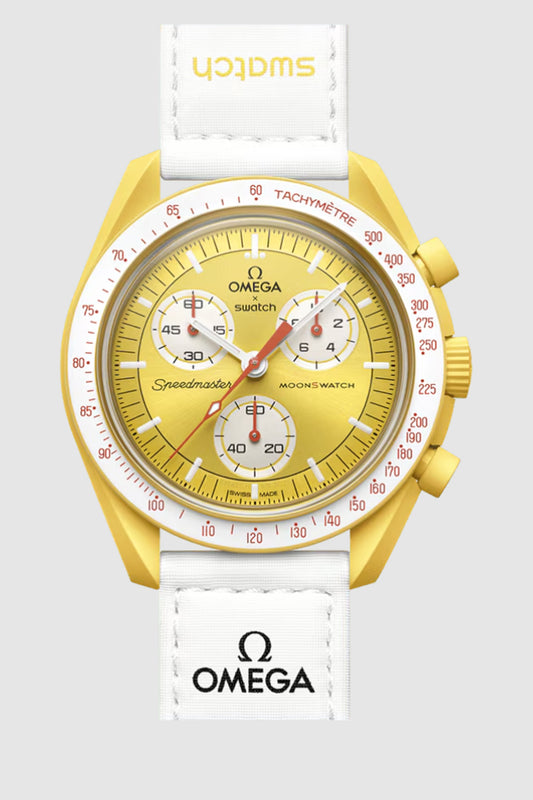 Ρολόι Swatch x Omega MoonSwatch Mission to the Sun SO33J100 κίτρινο χρώμα έκδοση AA+ με λευκό λουράκι βέλκρο