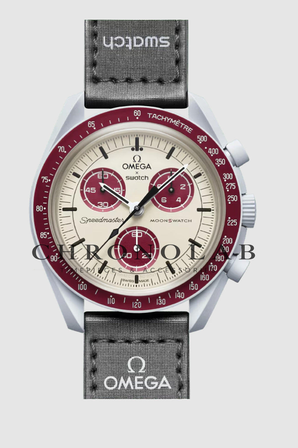 Ρολόι Swatch x Omega MoonSwatch Mission to Pluto SO33M101 γκρι μπορντό χρώμα έκδοση AA+ με λουράκι βέλκρο