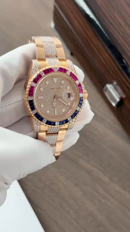Rolex GMT-Master II 126755 SARU-DIAO Gold Wrapped Moissanite Sapphire Replica Watch 40mm Clone