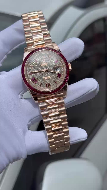 Rolex Best Replica Watch Day-Date Custom Ruby Red & Baguette Moissanite Diamonds GM Factory 40mm