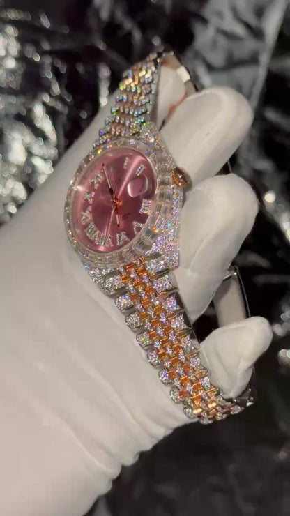 Rolex Replica Watch DateJust With Full Moissanite Diamond Pink Dial 41mm Clone