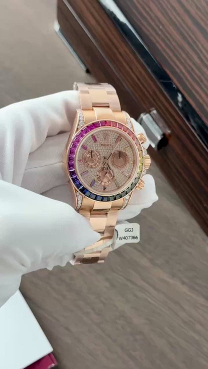 Rolex Daytona Rainbow 116595 Best Replica Watch Gold Wrapped + Moissanite Diamonds 40mm Clone