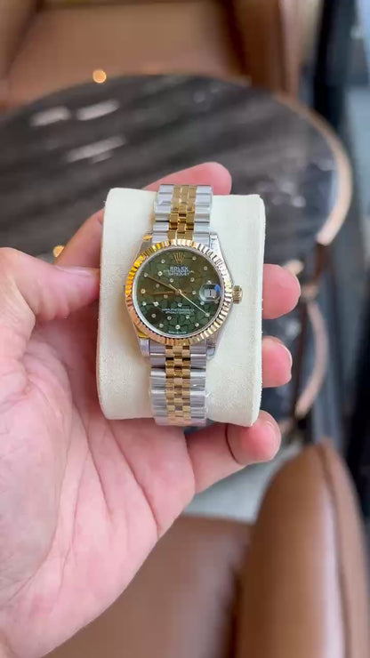 Rolex DateJust Replica Watch Demi Gold Green Leaf Dial 31mm Clone