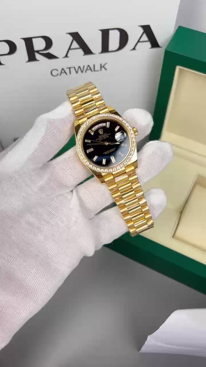 Rolex Day-Date Replica Watch 18K Gold Wrapped Black Dial With Diamond Bezel GM V2 40mm