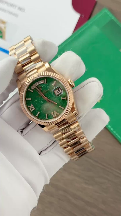 Rolex Day-Date 128235 Dial Aventurine Replica Watch Custom Gold Wrapped 36mm Clone