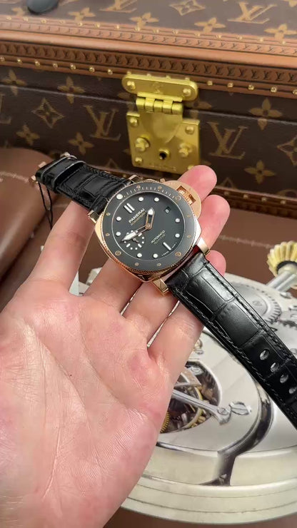 Panerai Submersible PAM974 Rose Gold Replica Watches Black Dial Leather Strap VS Factory 42mm
