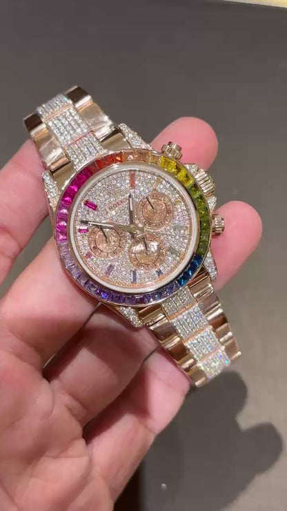 Rolex Daytona Rainbow Replica Watch Gold Wrapped With Moissanite Diamonds 40mm Clone