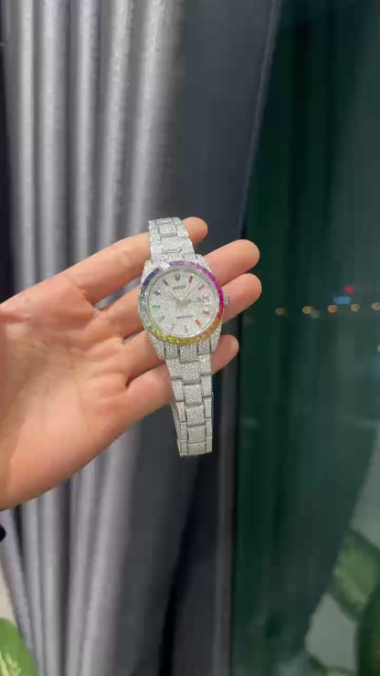 Rolex DateJust Rainbow Replica Watch Custom Moissanite Diamonds 41mm Clone
