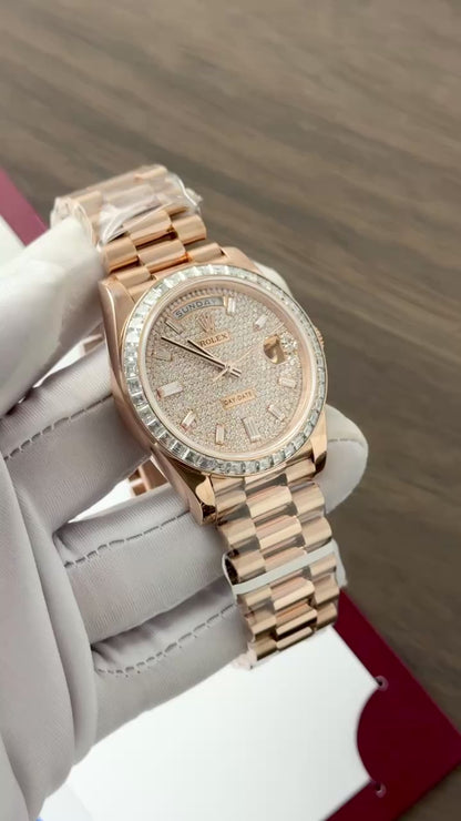Rolex Day-Date Gold Wrapped + Moissanite Baguette Diamonds Replica Watch GMF 40mm Clone