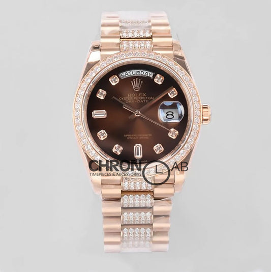 Day-Date 36 128345RBR Brown Dial with Diamond Bezel in Everose Gold