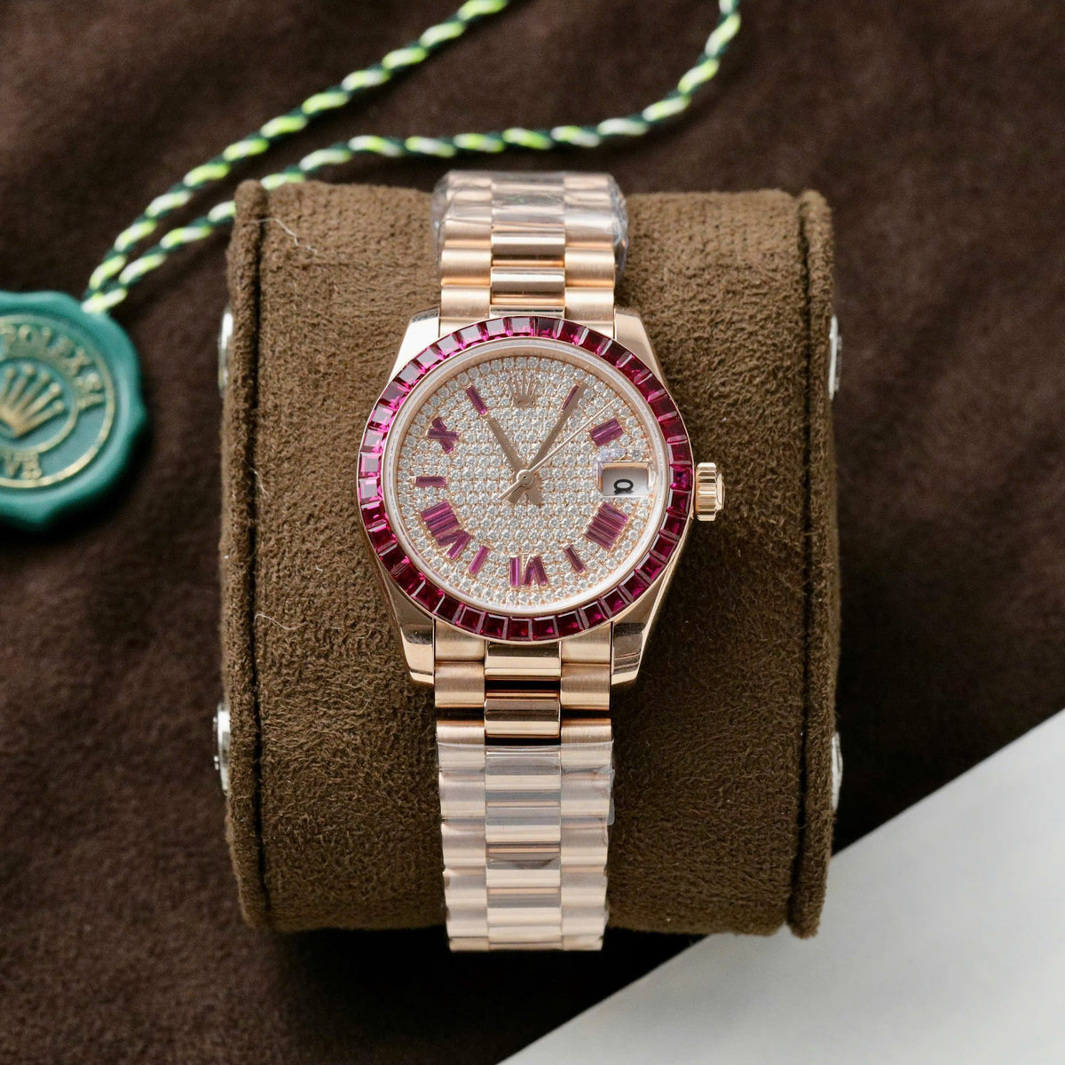 Rolex DateJust 31mm 278285RBR Custom Rose Gold Wrapped Ruby Baguette Bezel Full Pave Moissanite Diamond Dial GM Factory replica watch