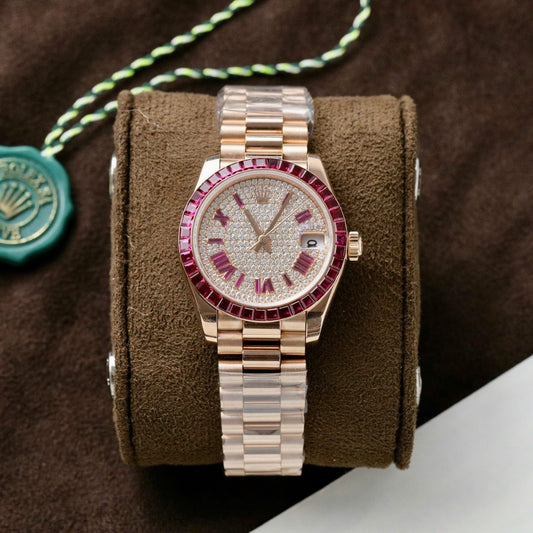 Rolex DateJust 31mm 278285RBR Custom Rose Gold Wrapped Ruby Baguette Bezel Full Pave Moissanite Diamond Dial GM Factory replica watch