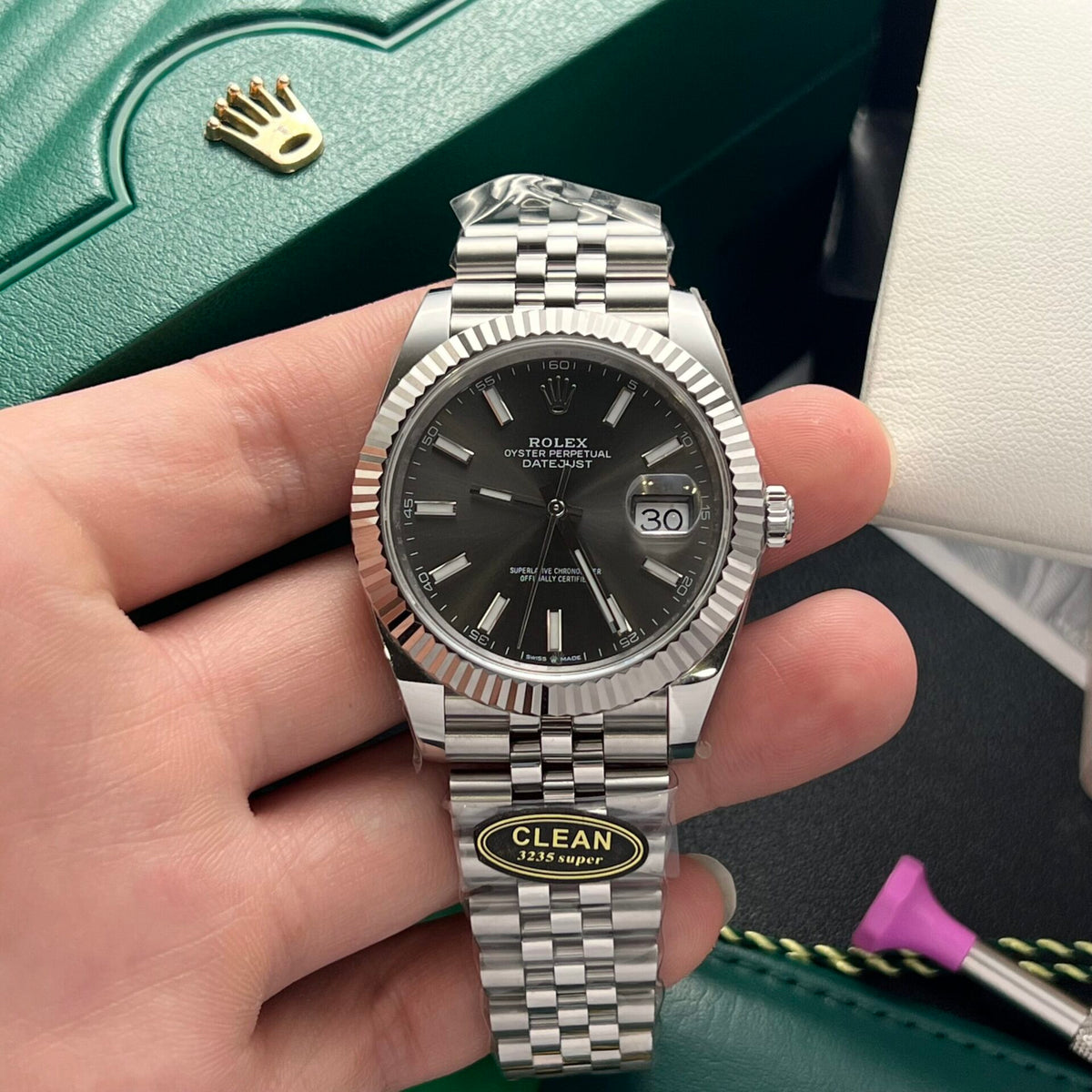 41mm 126334 Custom 18K White Gold Plated Fluted Bezel Slate Gray Sunray Dial Jubilee Bracelet Clean Factory V3 VR3235 Super Clone replica watch