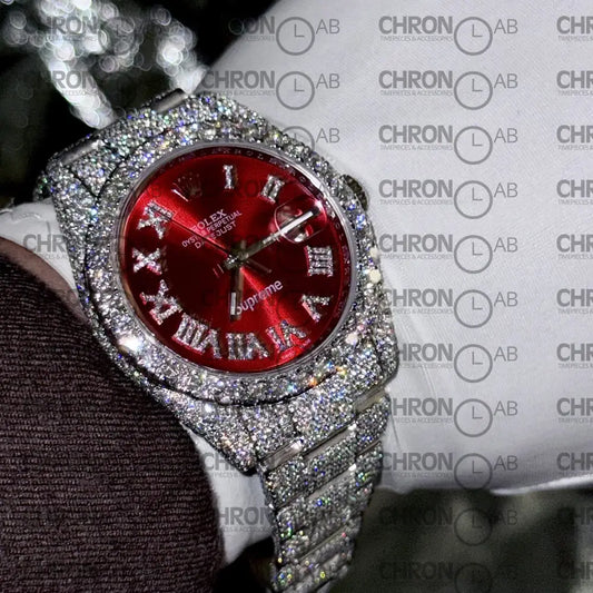 Rolex DateJust Supreme Custom Moissanite Diamonds Red Dial 41mm Clone Watches