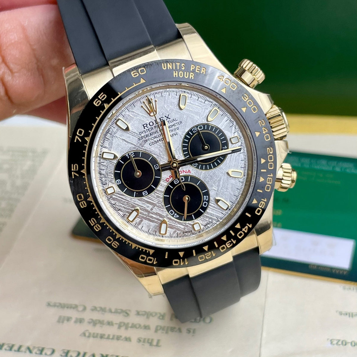 Detailed finishing on black chronograph sub dials Rolex Daytona 116518LN Clean Factory