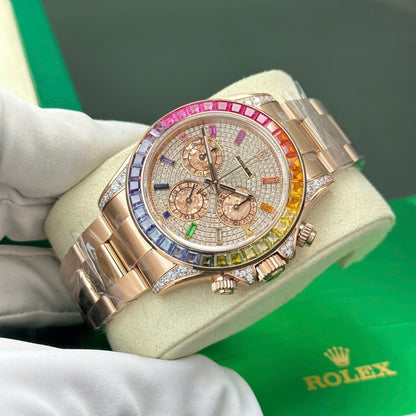 Triplock screw down crown and chronograph pushers Rolex Daytona Rainbow gold wrapped