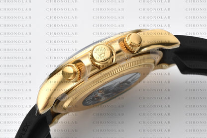 Side view showcase of the 18K yellow gold plated case profile, winding crown, and chronograph pushers on Rolex Daytona 126518LN Clean Factory