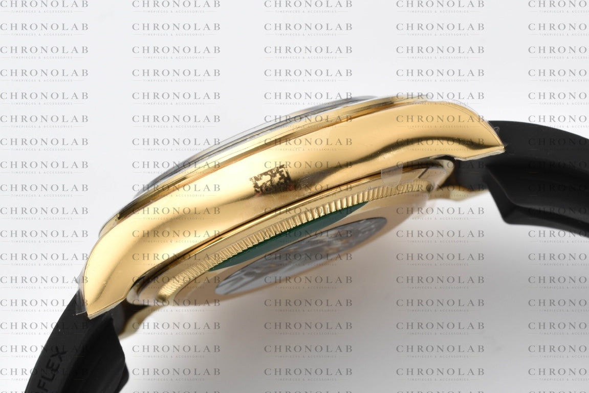 Left side profile view showcasing the polished 18K yellow gold plated case finish and slim geometric lines on Rolex Daytona 126518LN Clean Factory