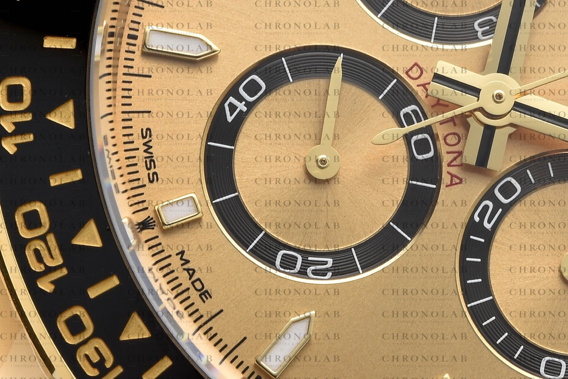 Macro shot of the black chronograph counter sub-dial with fine concentric rings detailing on Rolex Daytona 126518LN Clean Factory
