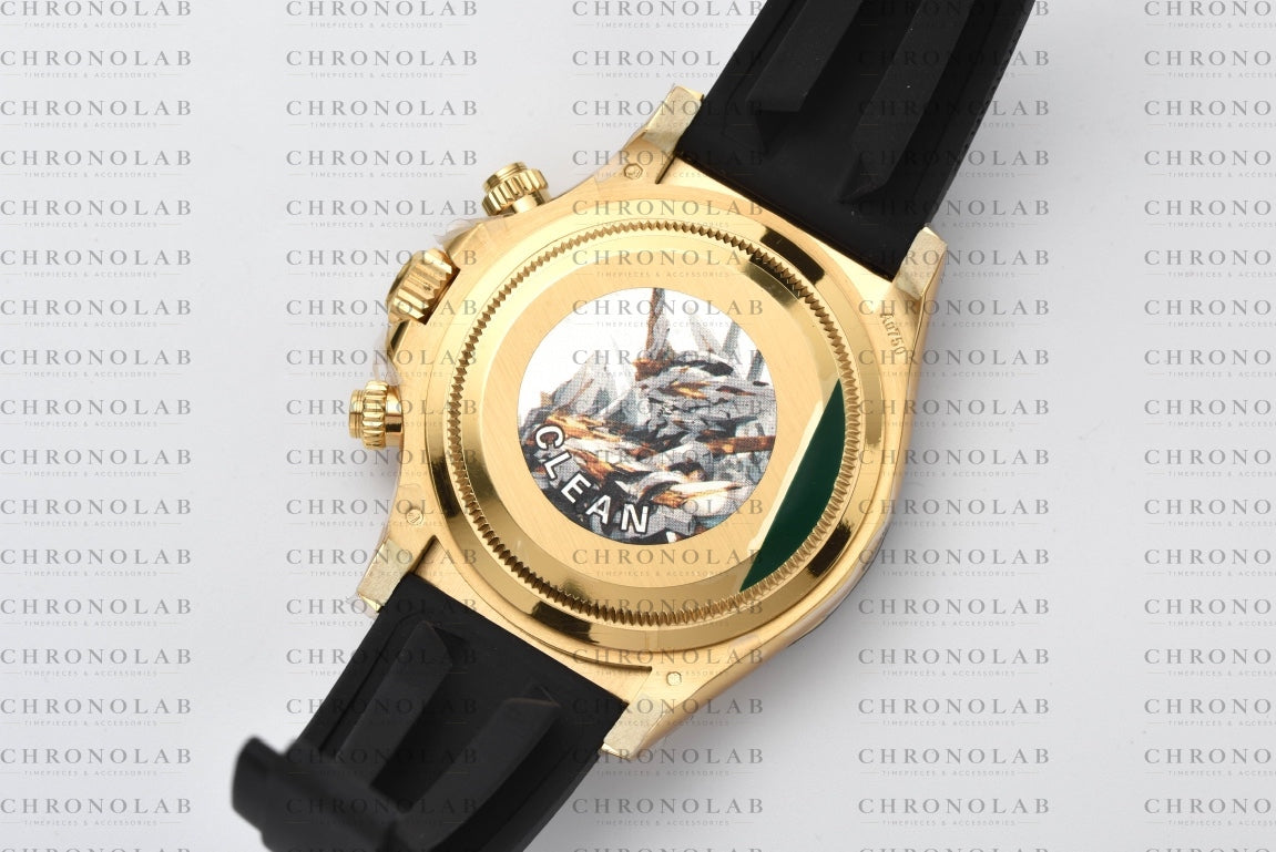 Close-up of the 18K yellow gold plated folding Oysterlock safety clasp with clean coronet engraving on Rolex Daytona 126518LN Clean Factory