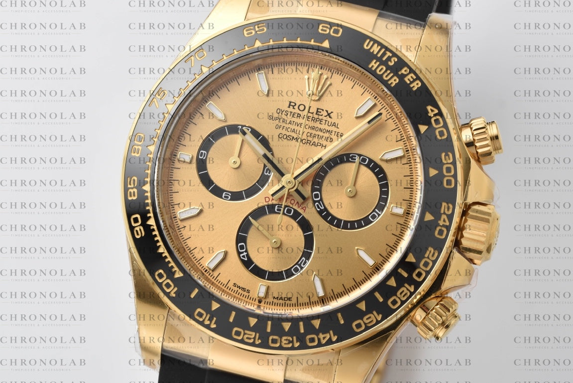 Front view of Rolex Daytona 126518LN Golden Dial on display stand with factory protective plastics from Clean Factory