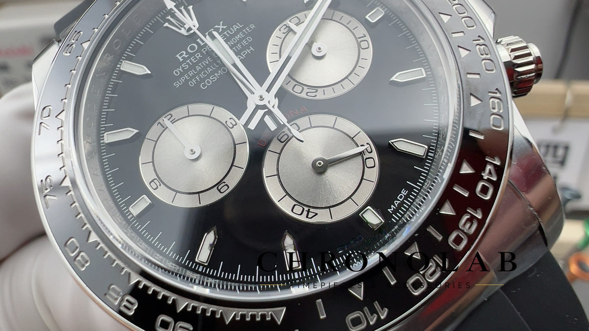 Side profile showcase of the 11.9mm ultra-slim 904L stainless steel case and polished lugs on Rolex Daytona 126519LN Clean Factory V3