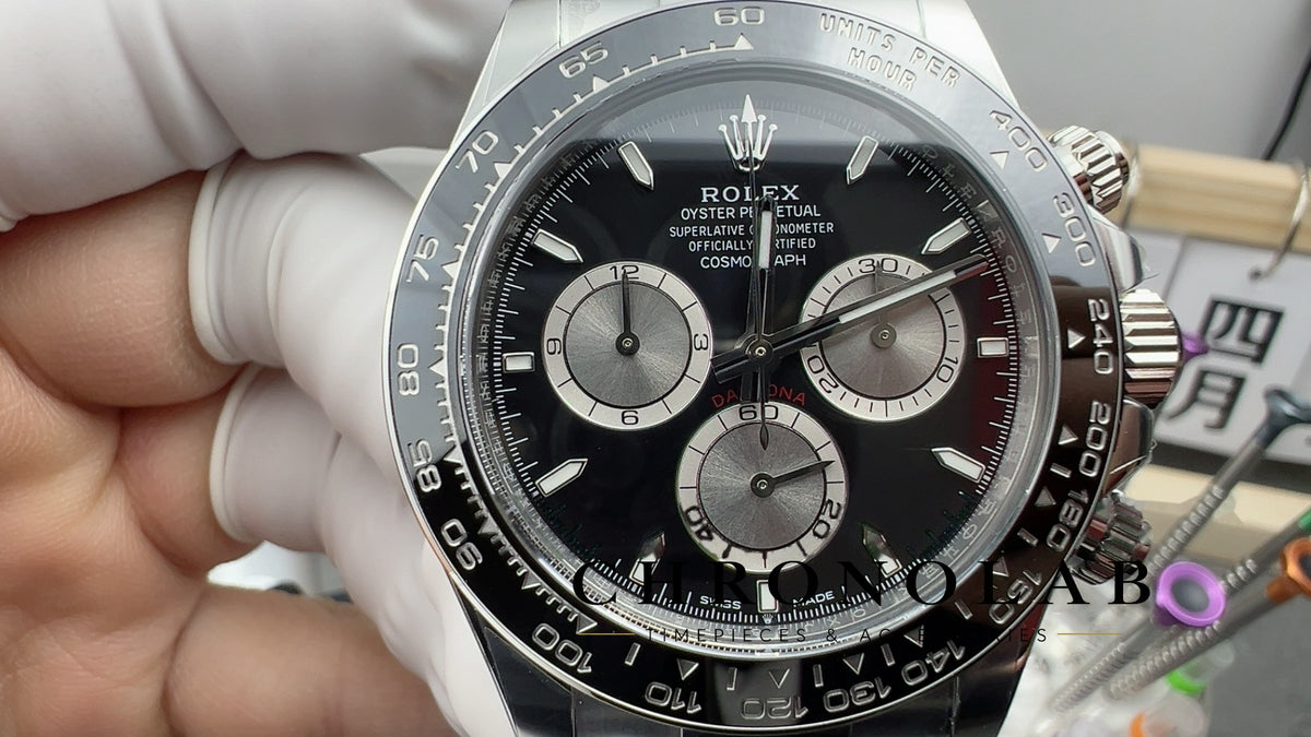 Close-up of the Intense Black dial with sunburst grey chronograph sub-dials and Chromalight luminous markers on Rolex Daytona 126519LN Clean Factory V3