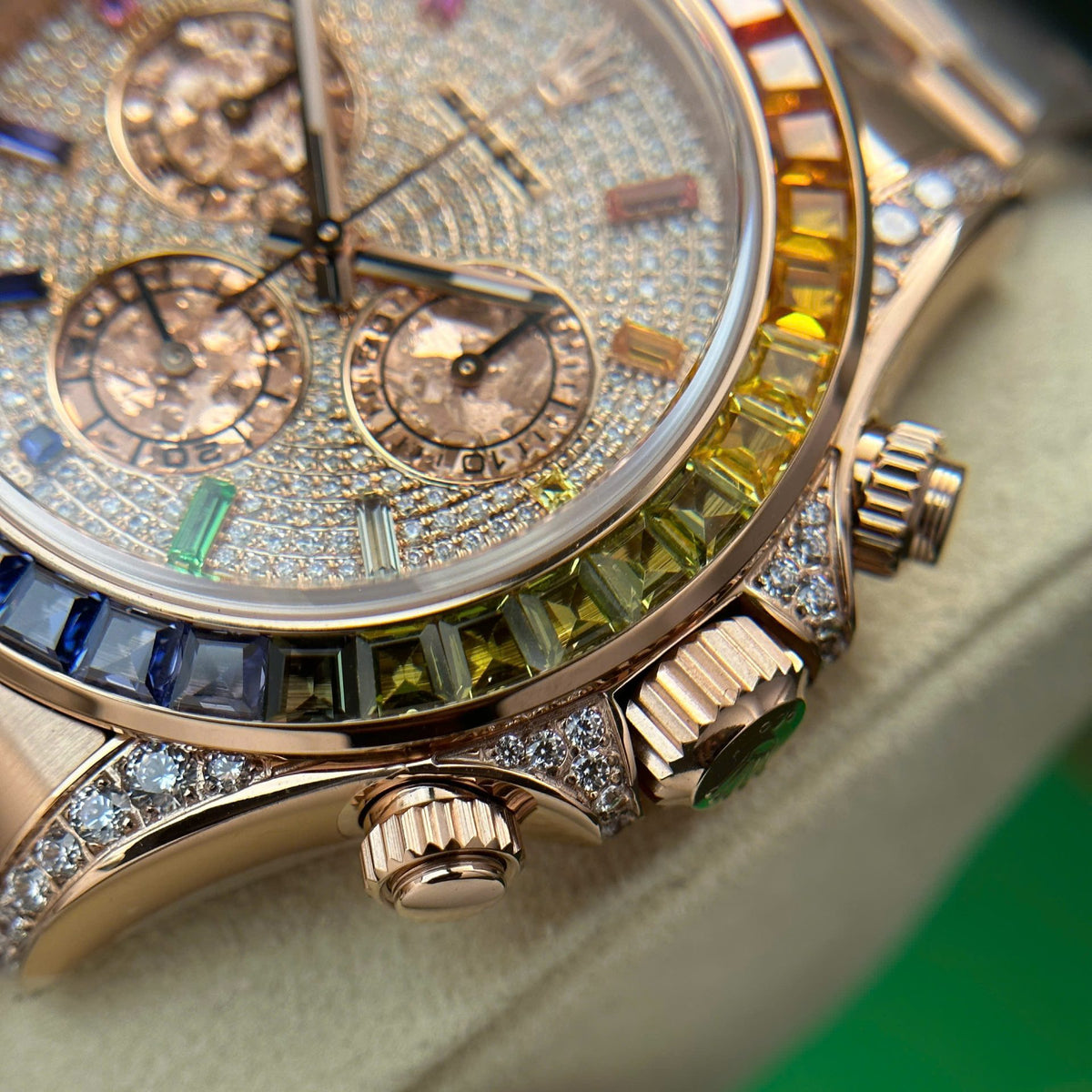 Custom diamond cut pave lugs and crown guard setting Rolex Daytona Rainbow replica