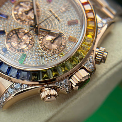 Custom diamond cut pave lugs and crown guard setting Rolex Daytona Rainbow replica