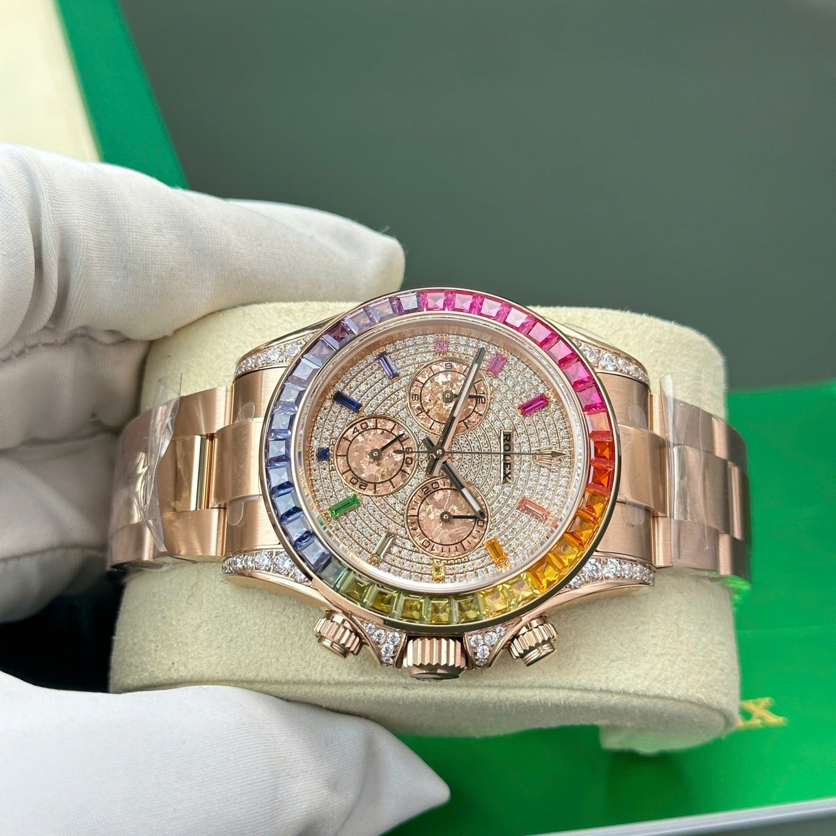 Folding Oysterlock safety clasp with custom rose gold wrapped finish Rolex Daytona