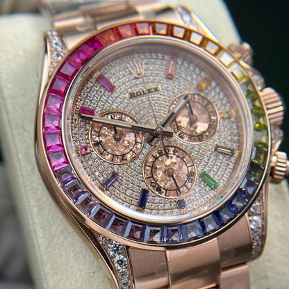  Factory Rolex Daytona Rainbow 1:1 Swiss Clone pave diamond dial and gold crystals sub dials