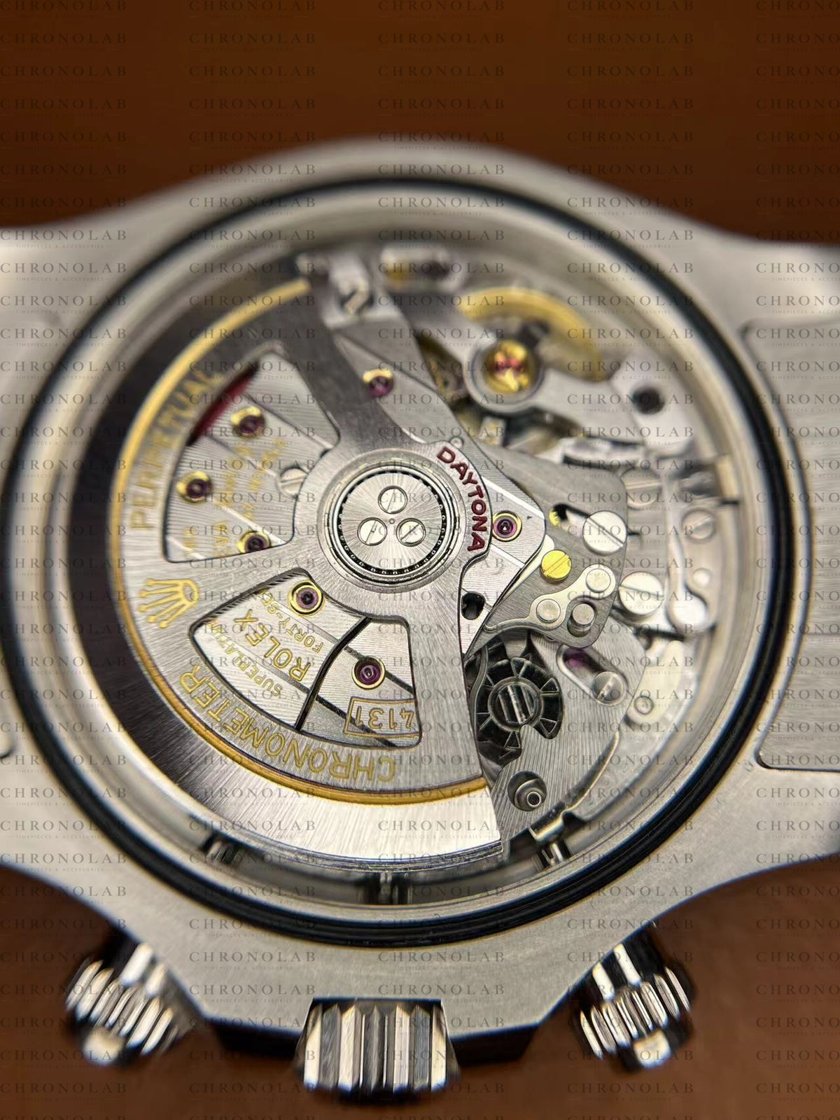 Side angle close-up of the automatic winding gear train on the SH4131 super clone movement from Clean Factory view 4