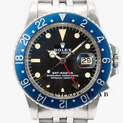 Rolex GMT-Master 1675 Vintage Blueberry Solid Blue Aluminum Bezel Matte Black Dial Creamy Patina 40mm JK Factory A2836 Automatic Super Clone replica watch