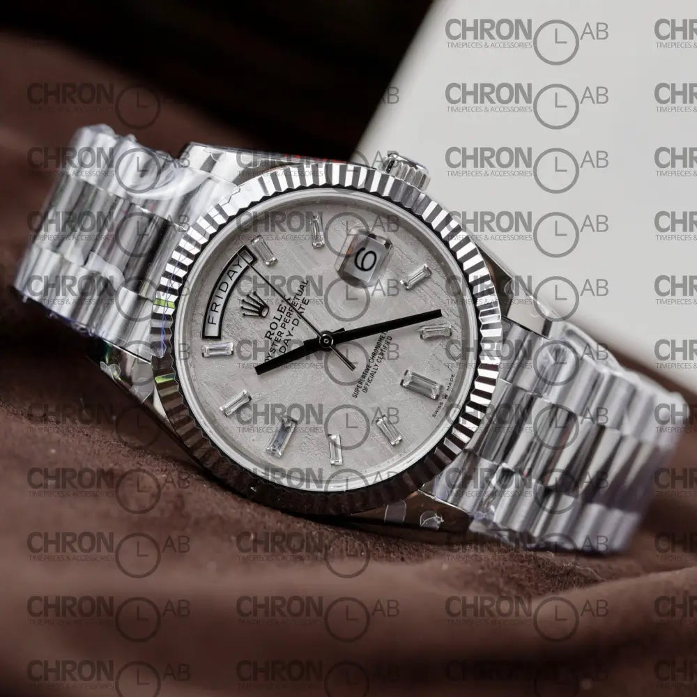 Rolex Replica Watch Day-Date Dial Meteorite Number Pile Diamond Moissanite 40mm Clone Watches